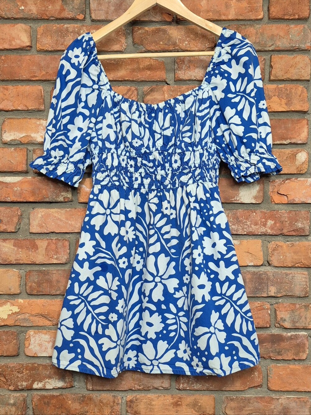 Faithfull The Brand Blue White Floral Smocked Puff Sleeve Mini Dress Size 6 M